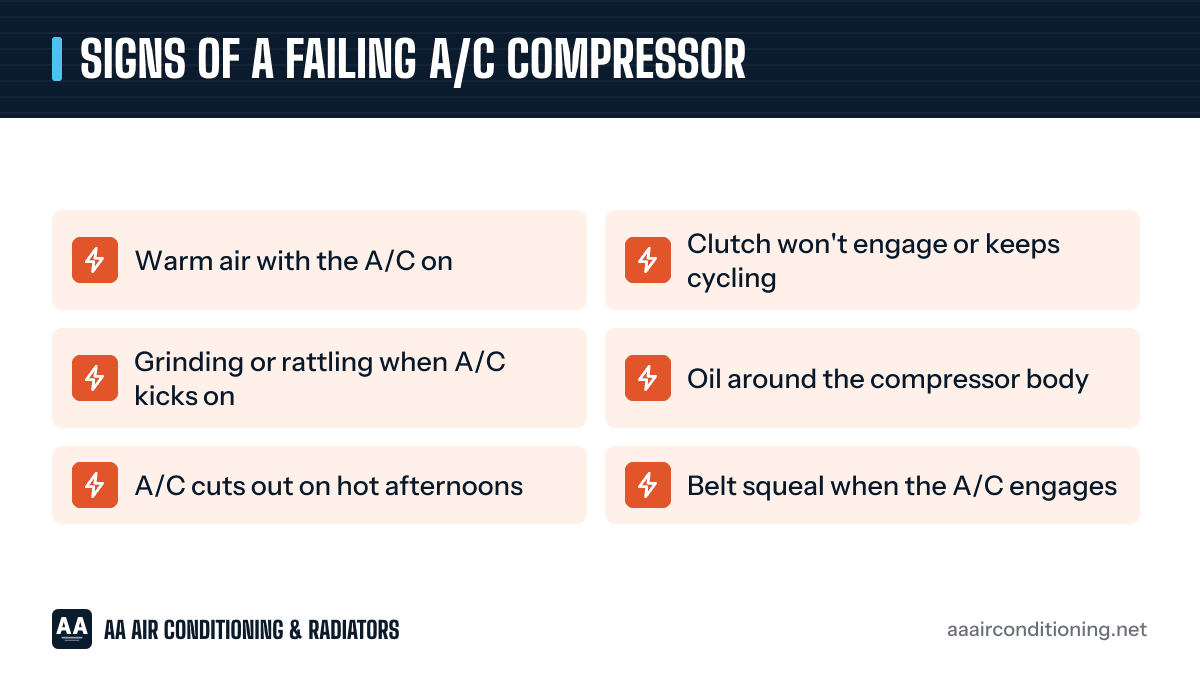 Warning signs of a failing car A/C compressor